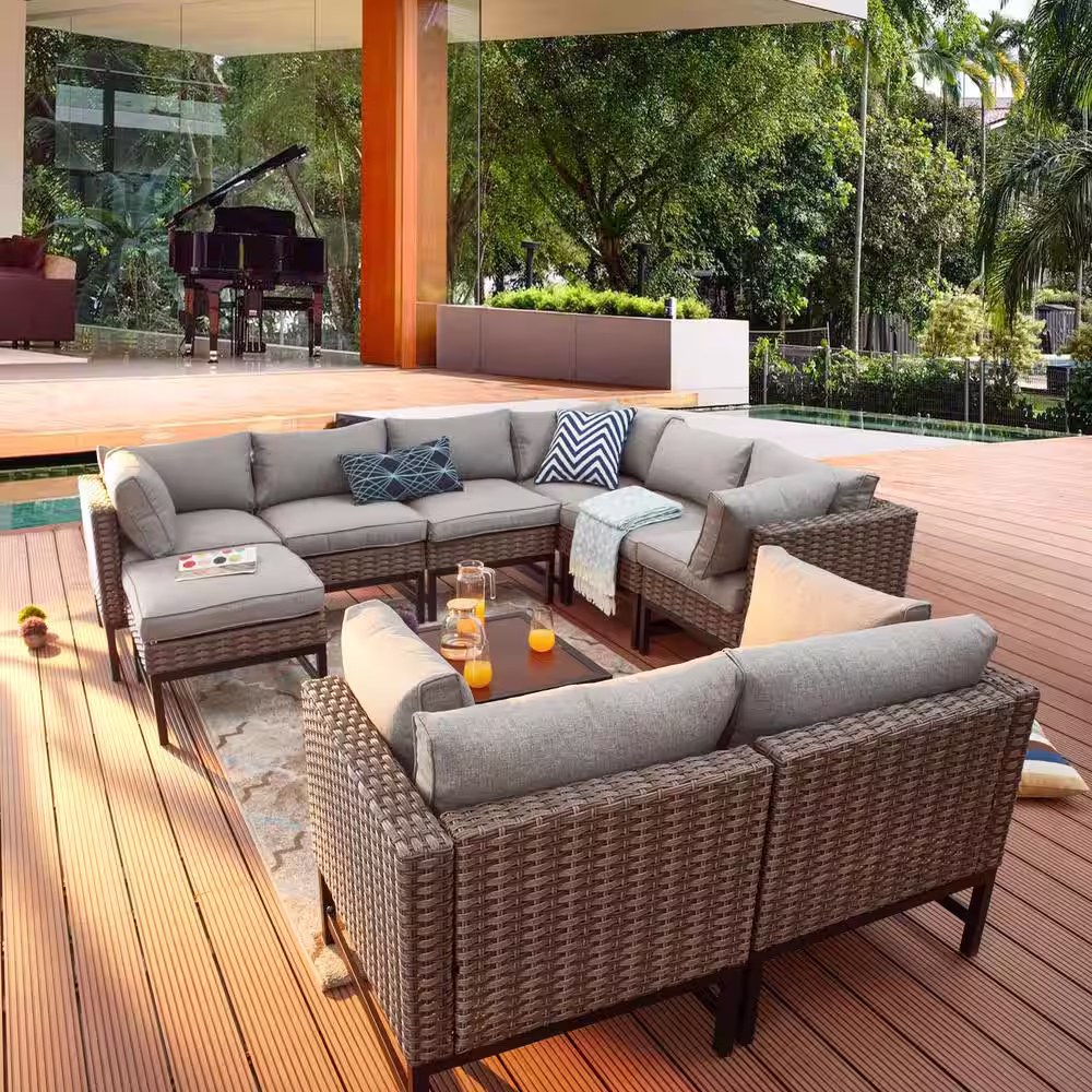 Patio Festival Right-Angle 10-Piece Wicker Patio Conversation Seating Set with Gray Cushions