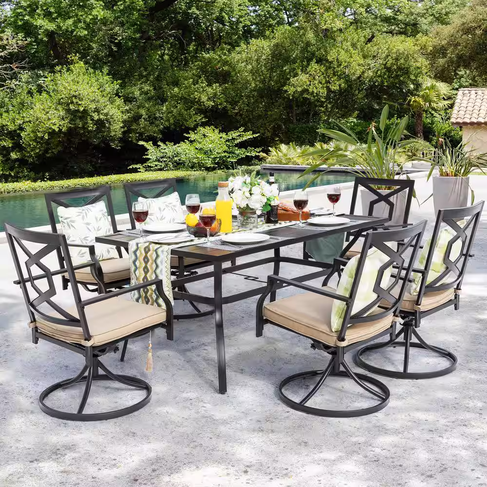 Nuu Garden Black 7-Piece Metal Rectangle Patio Outdoor Dining Set with Beige Cushions Outdoor Table Set and Swivel Chairs