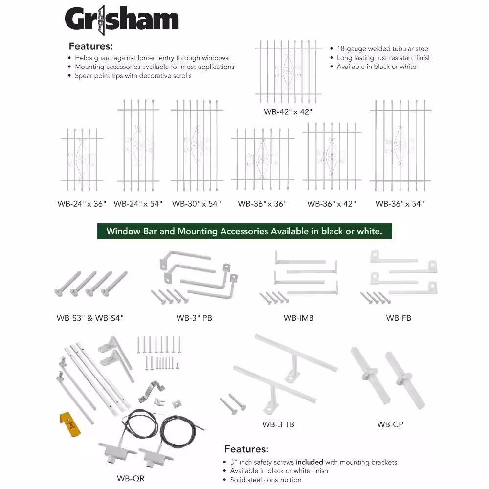 Grisham 36 in. x 36 in. Spear Point 7-Bar Security Bar Window Guard, White