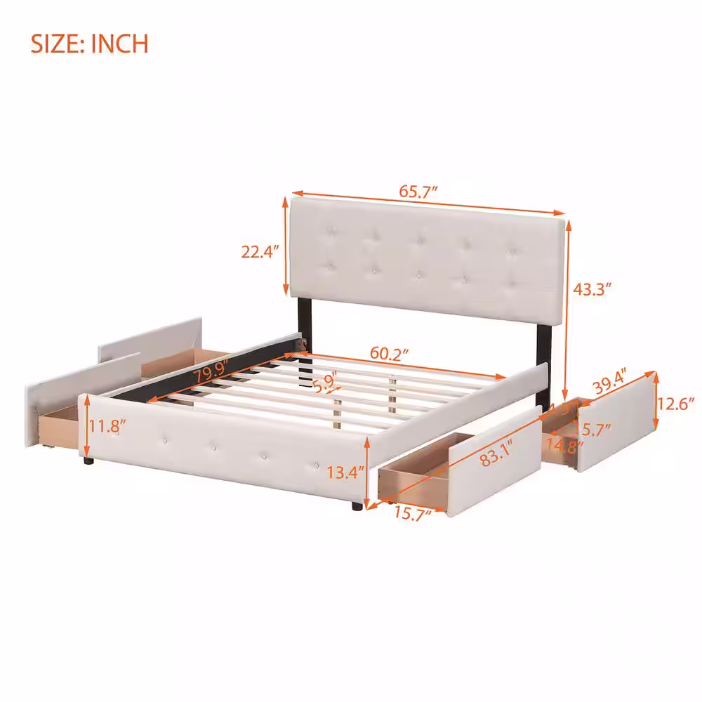 Harper & Bright Designs 64.5 in. W Beige Gray Queen Size Linen Wood Frame Platform Bed with 4-Drawers