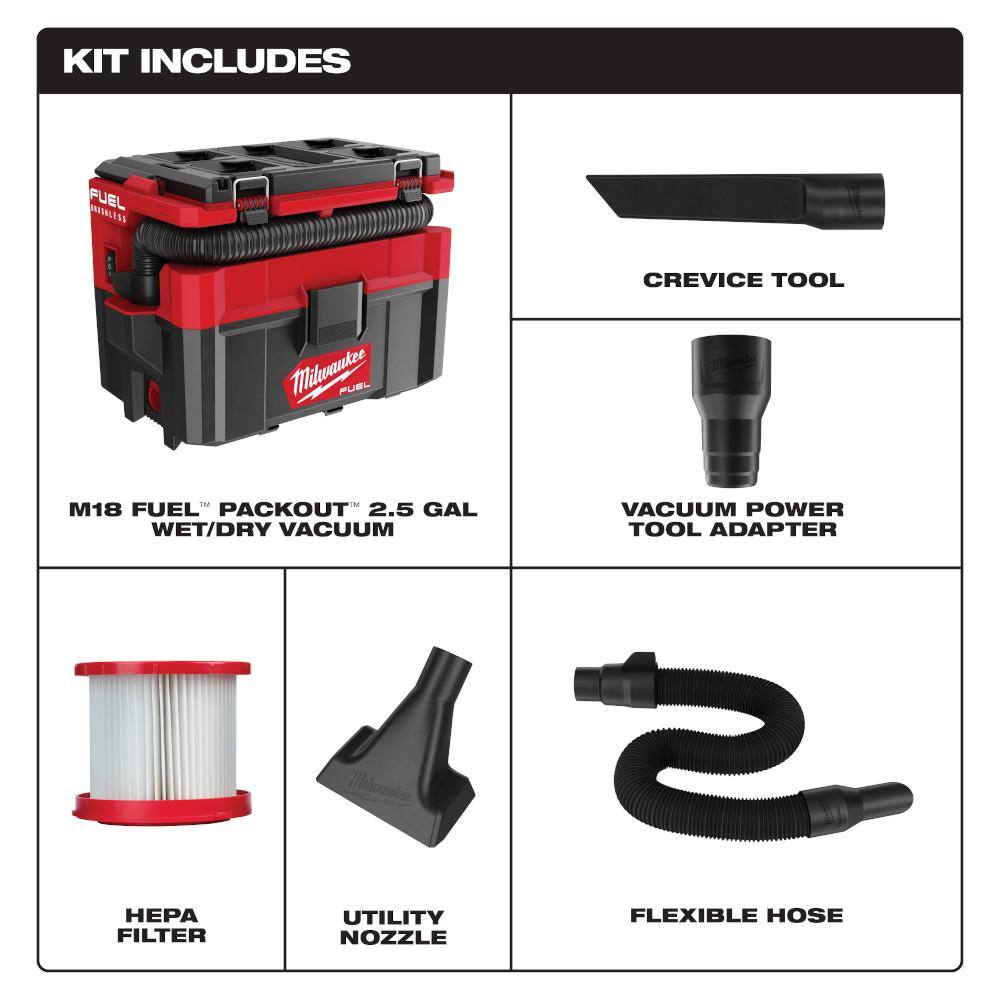 Milwaukee M18 FUEL PACKOUT 18-Volt Lithium-Ion Cordless 2.5 Gal. Wet/Dry Vacuum with M18 HIGH OUTPUT XC 8.0 Ah and 3 Ah Batteries