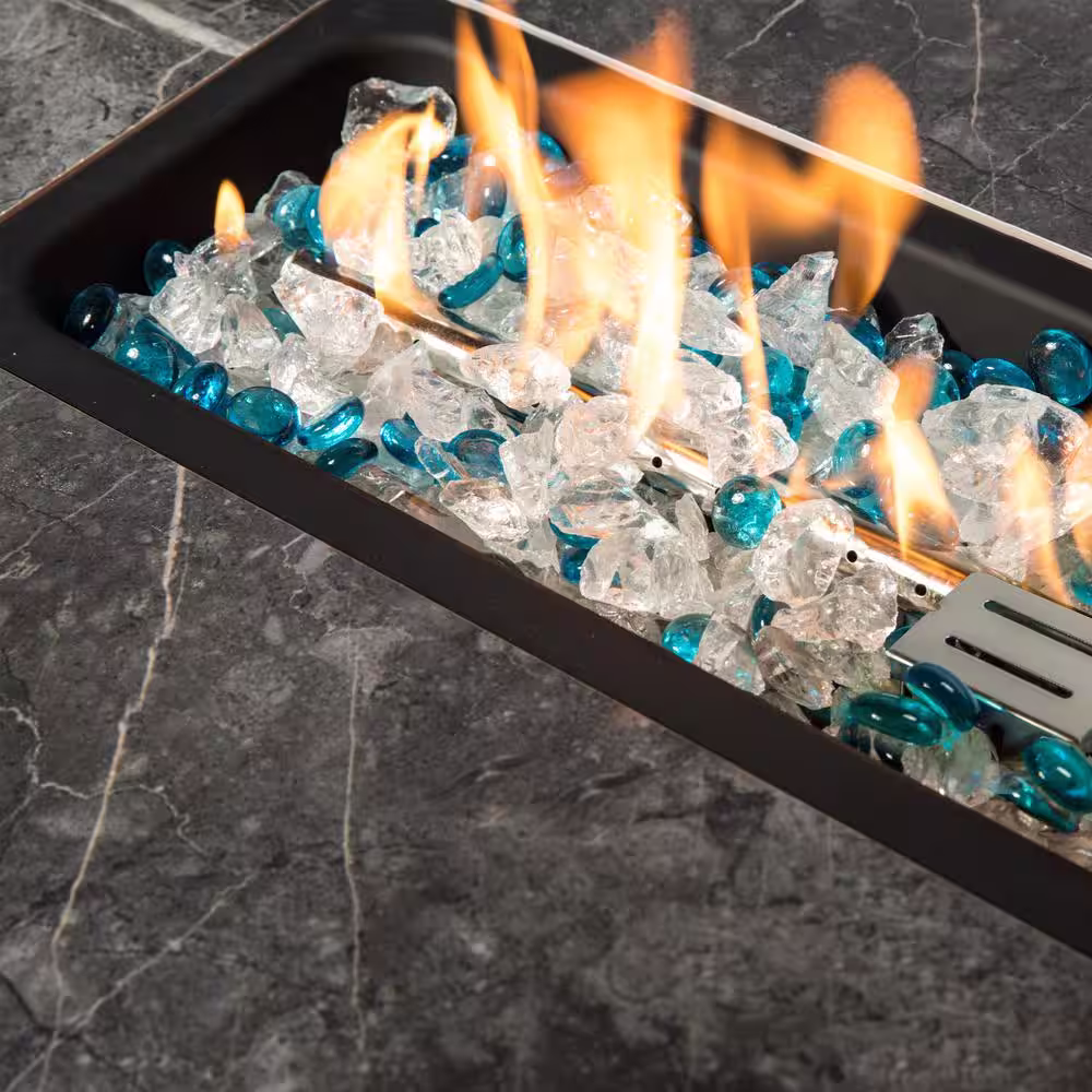 Mondawe Outdoor Square Rattan/Wicker Gas Fire Pit Table Tile Tabletop Fire Table with Glass Rocks