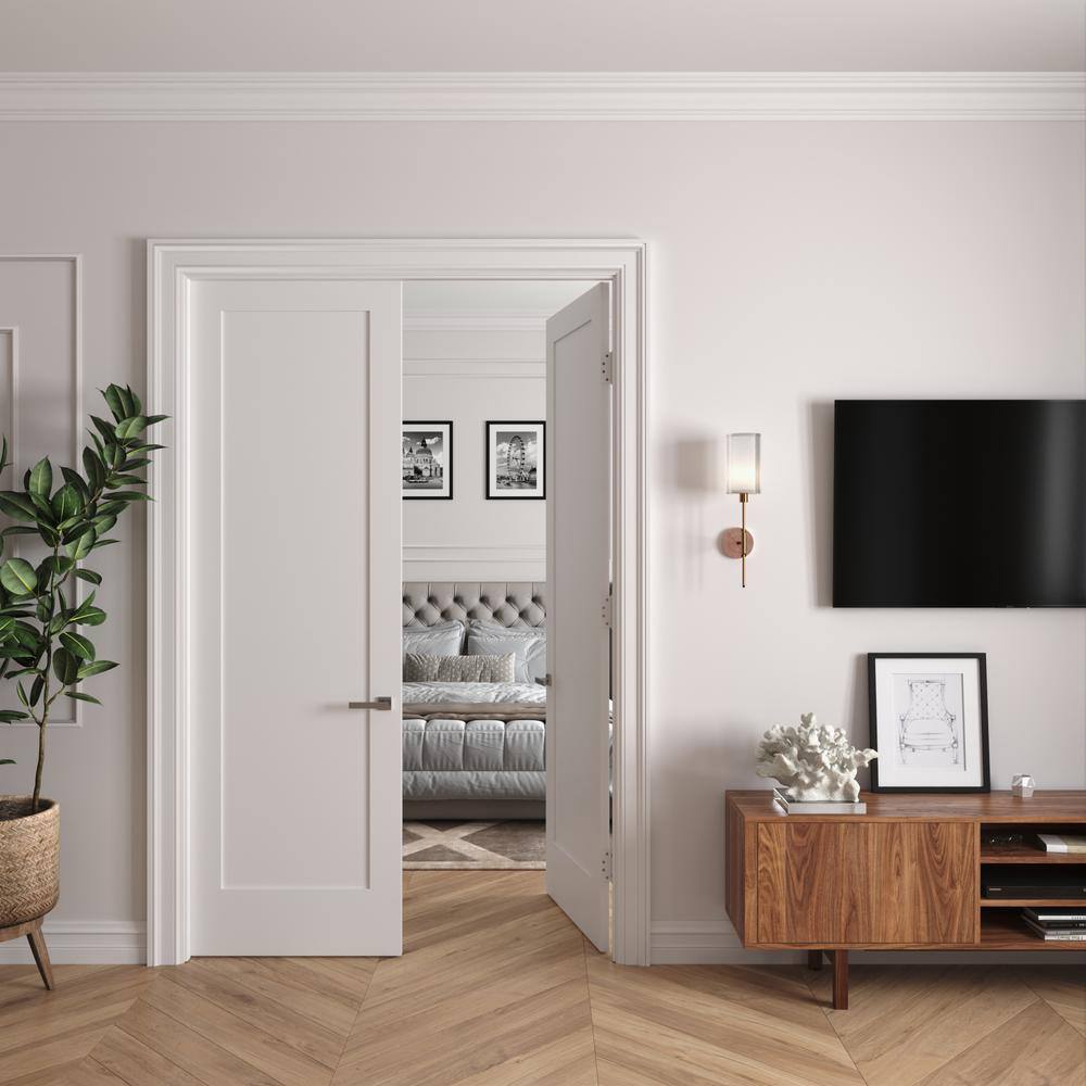 RESO 72 In. x 96 In.Bi-Parting Solid Core Primed White Composite Double Pre-hung French Door Catch Ball Satin Nickel Hinges