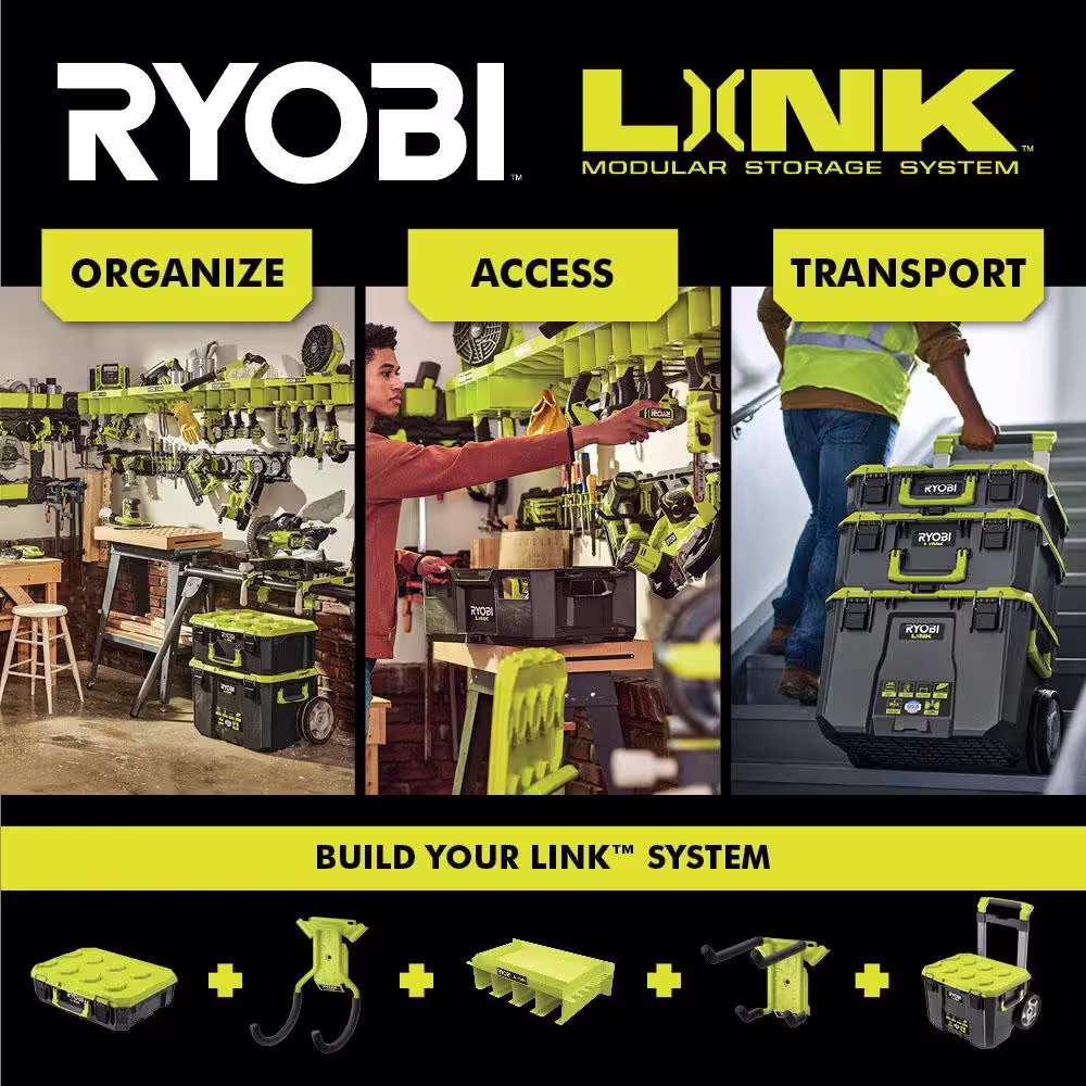 RYOBI LINK Tool Holding Shelf with Starter Kit, Wall Rails and Power Tool Hook (11-Piece)