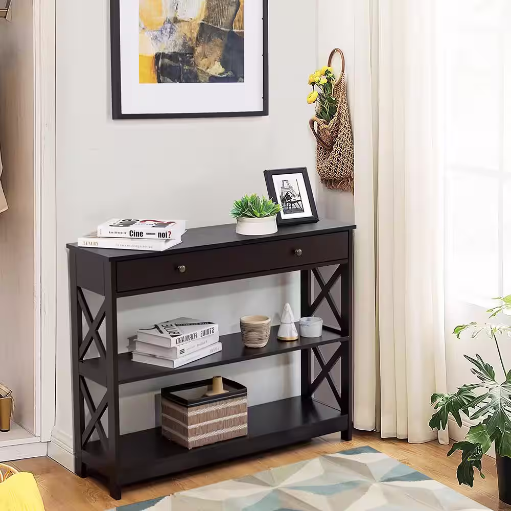 Costway Espresso Heavy Duty 3-Tier MDF Wire Shelving Unit Entryway Table (12 in. W x 31 in. H x 39 in. D)