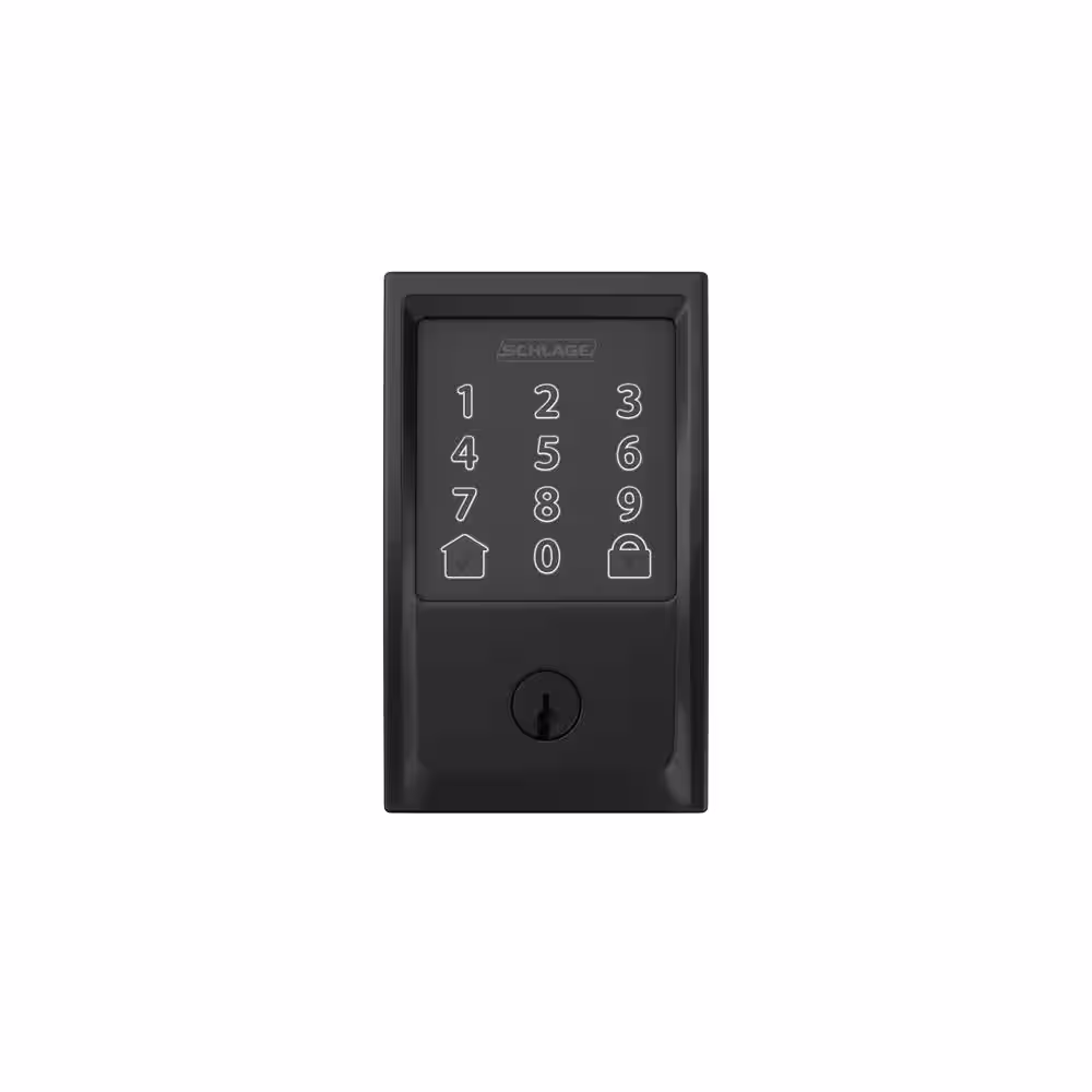 Schlage Century Encode Smart Wifi Deadbolt Door Lock with Alarm and Latitude Lever Handleset in Matte Black