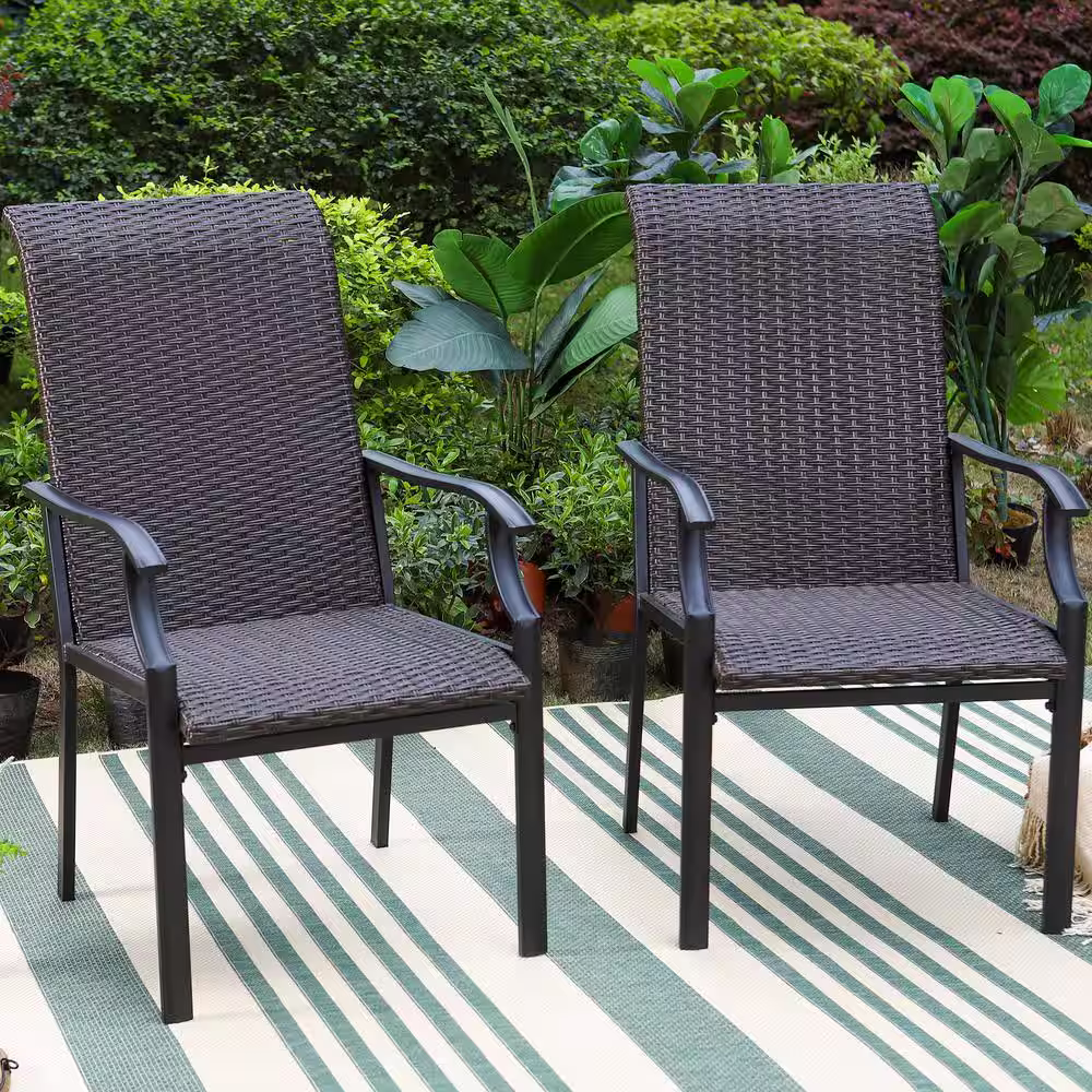 None 7-Piece Black Metal Patio Outdoor Dining Set with Rectangle Table and Brown Rattan High Back Wave Arm Chairs