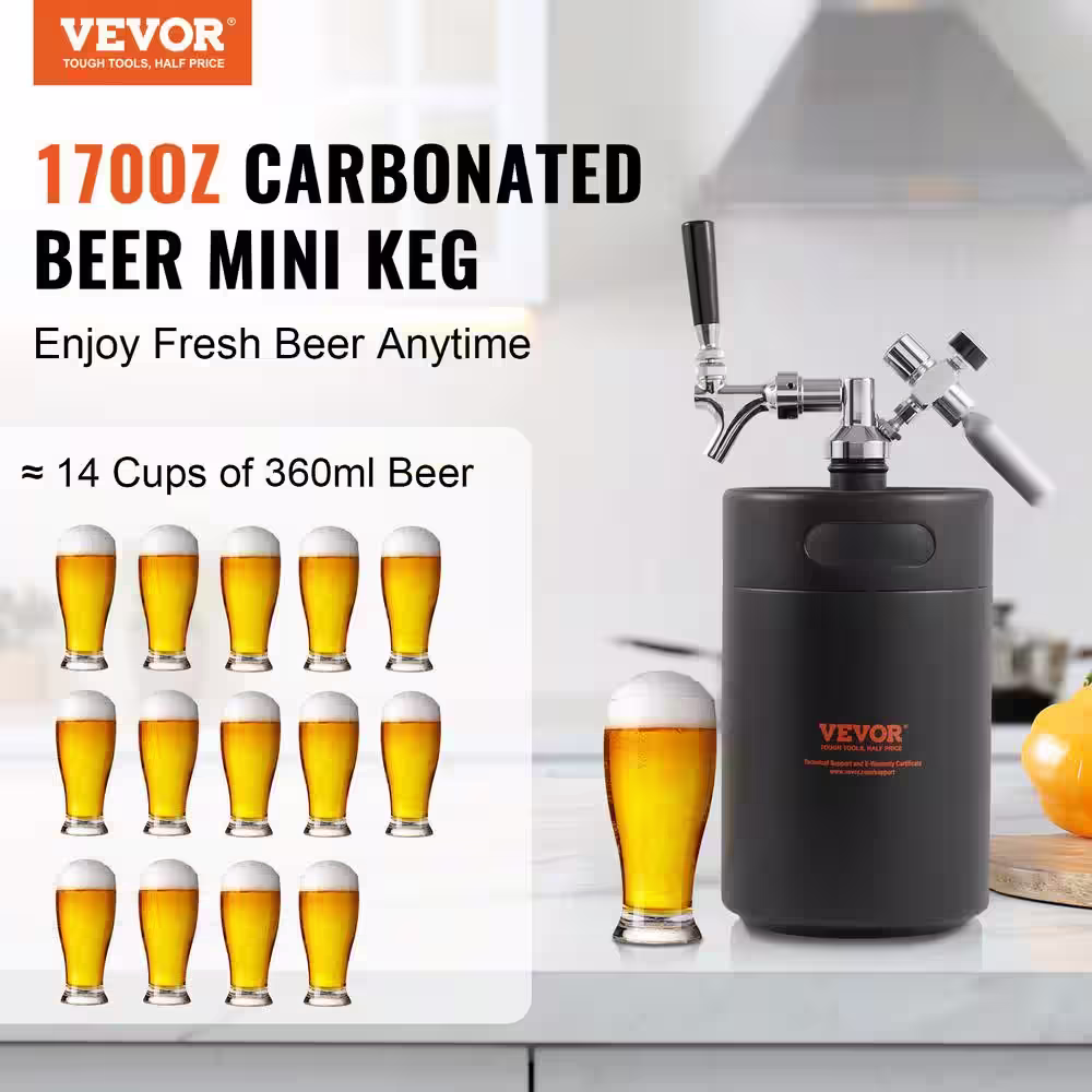 VEVOR Beer Growler Tap System 170 oz. 5L Mini Keg 304 Stainless Steel Pressurized Beer Growler with Pressure Display