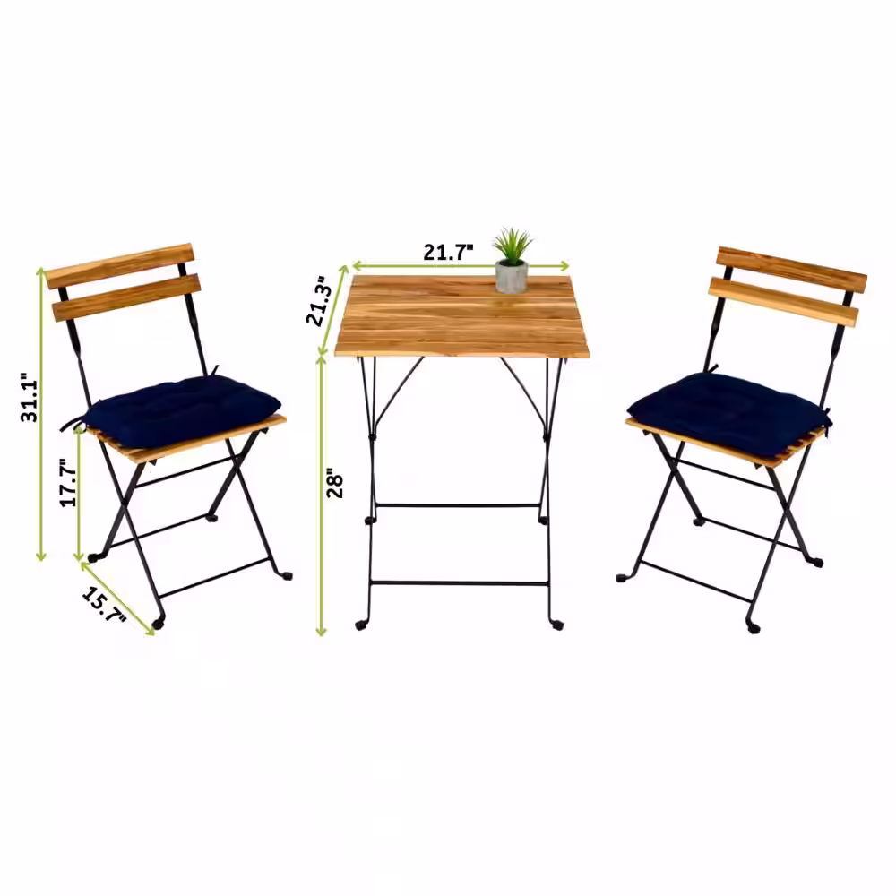 None 3-Piece Wood Outdoor Bistro Set with Nany Blue Cushions