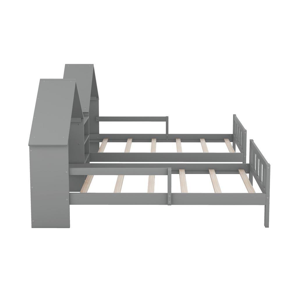 Harper & Bright Designs Gray Double Wood Frame Twin Size House Platform Bed with a Built-in Nightstand