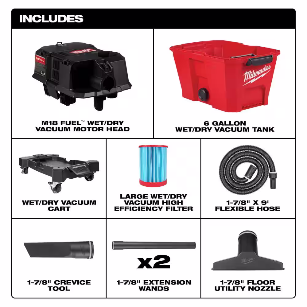 Milwaukee M18 FUEL 6 Gal. Cordless Wet/Dry Shop Vac W/Filter, Hose and AIR-TIP 1-1/4 in. - 2-1/2 in. (5-Piece) Right Angle Kit