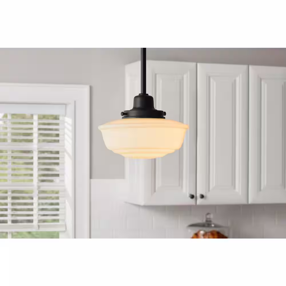 Hampton Bay Belvedere Park 1-Light Espresso Bronze Pendant Hanging Light with Frosted Opal Glass Shade, Farmhouse Kitchen Lighting