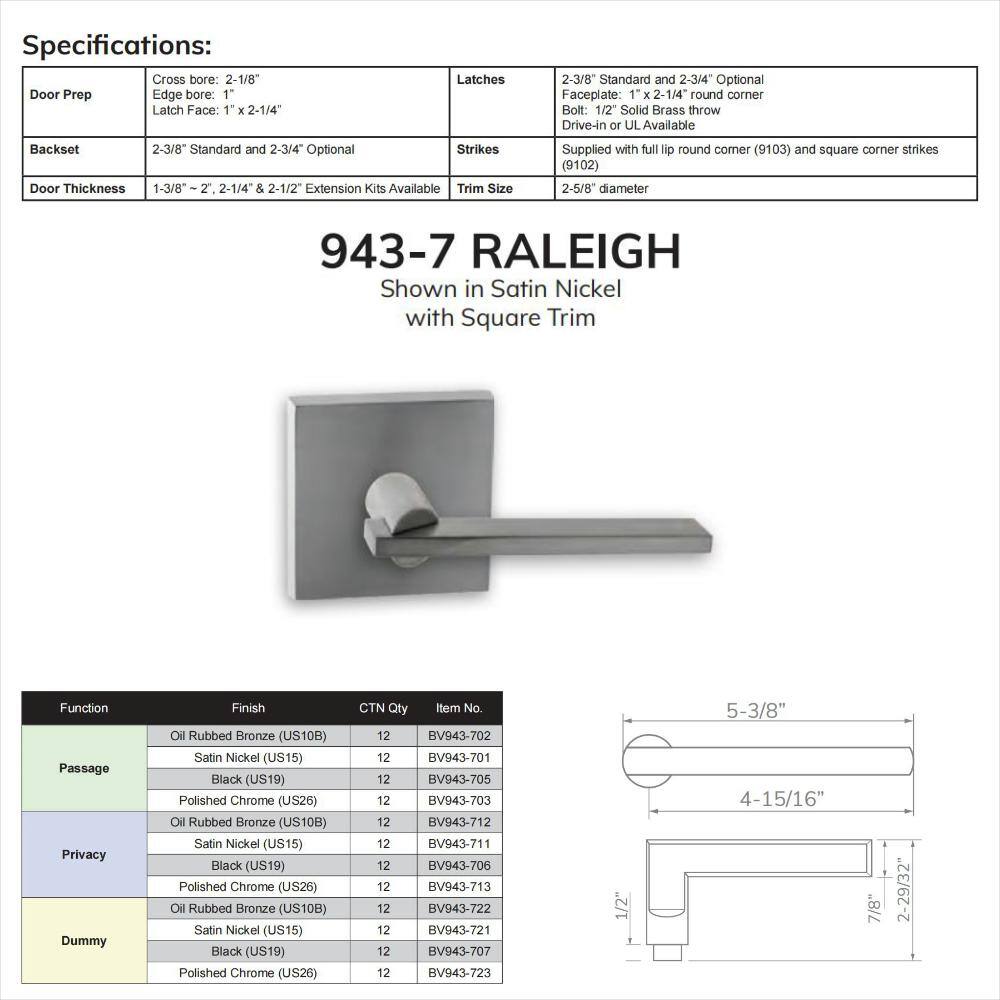 None Bravura Raleigh 943-7 Passage (Hall/Closet) Door Lever Bright Chrome w/ square trim
