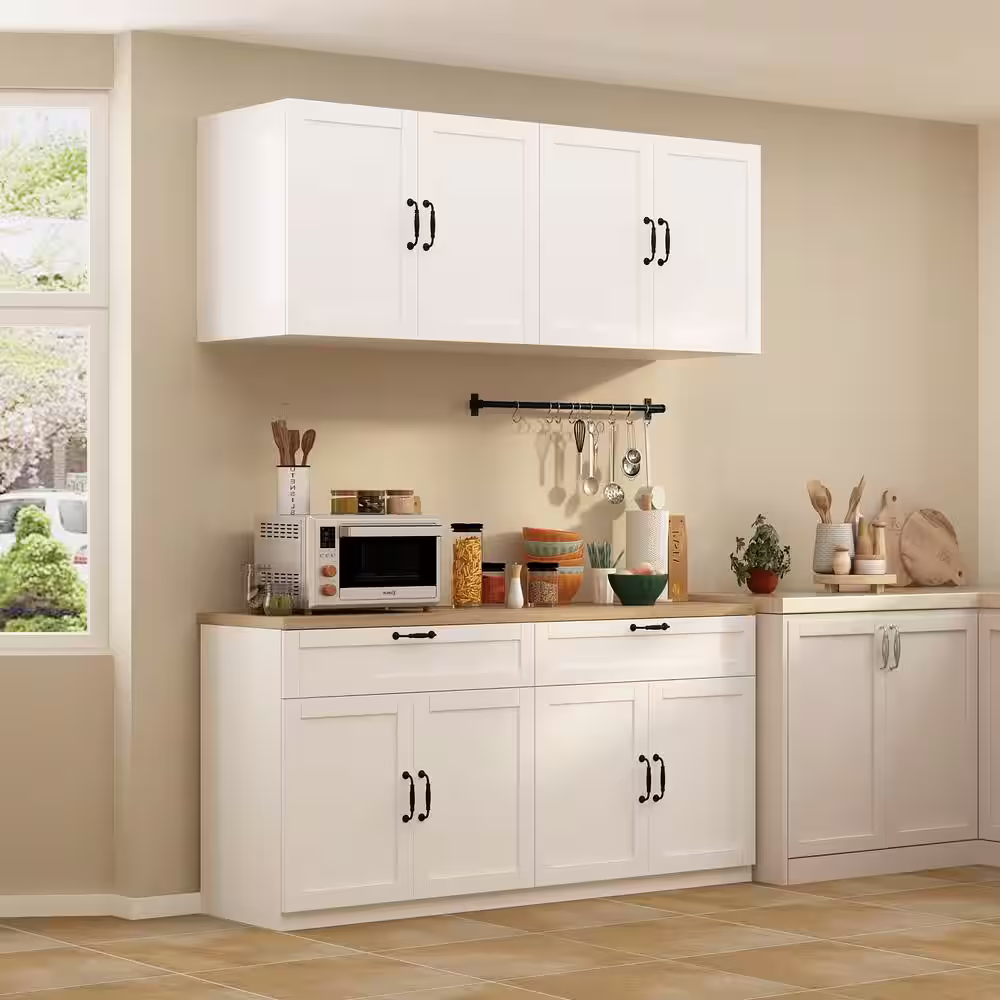 FUFU&GAGA White Wooden 63 in. Width Food Pantry, Sideboard, Pantry Cabinet, with Wall Mounted Kitchen Cabinet(Two Parts)