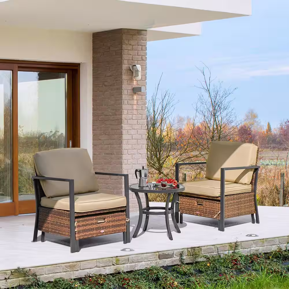Costway 5-Piece Wicker Patio Conversation Set Space Saving Cushions Chairs with Ottomans Table Beige Cushions