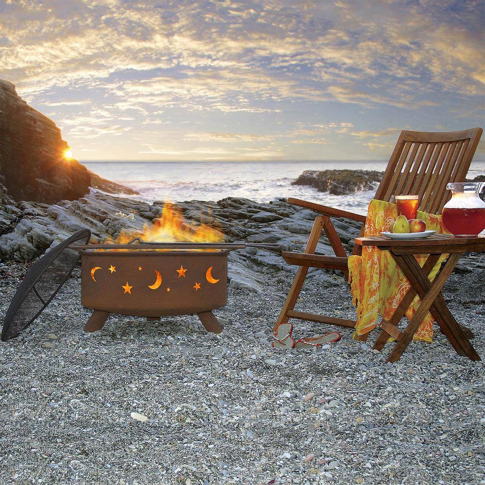 None Evening Sky 29 in. x 18 in. Round Steel Wood Burning Fire Pit in Rust with Grill Poker Spark Screen and Cover
