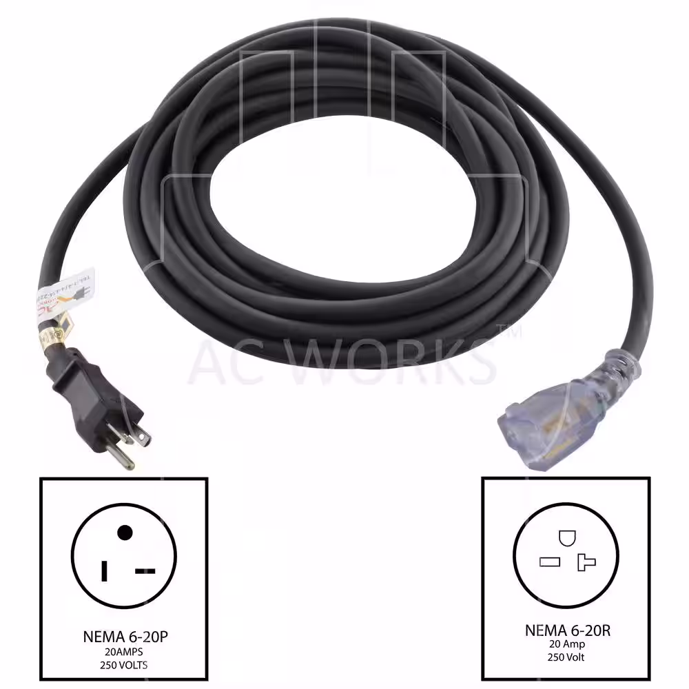 AC WORKS 25 ft. 12/3 SJTW 20 Amp 250-Volt NEMA 6-20 Indoor/Outdoor Lighted End Anti-Cold Weather Extension Cord
