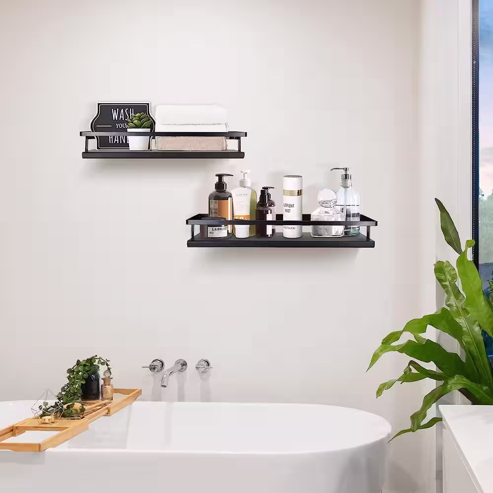 None 16.3 in. W x 5.1 in. D Black Wood Market Decorative Wall Shelf Floating Shelf (Set of 2)