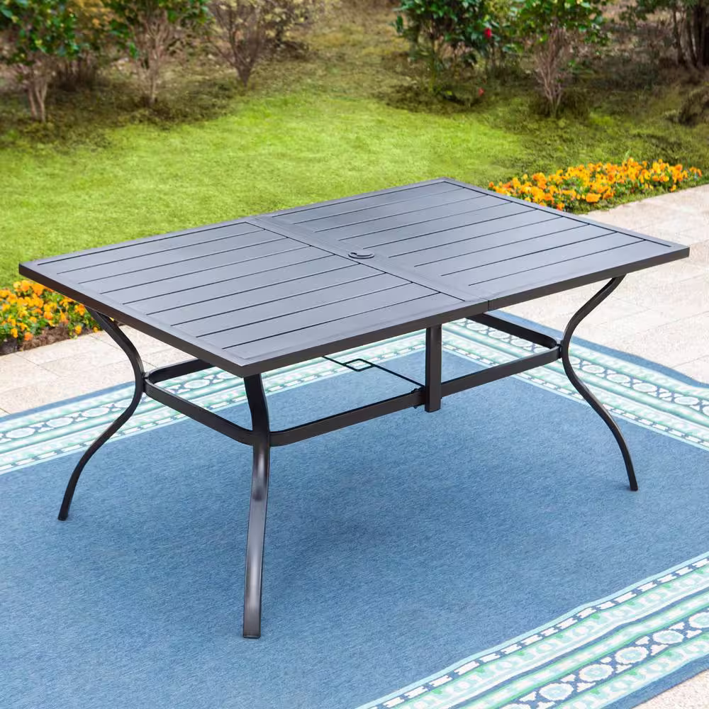 None Black 8-Piece Metal Patio Outdoor Dining Set with Umbrella and Slat Table and Brown Rattan High Back Swivel Chairs