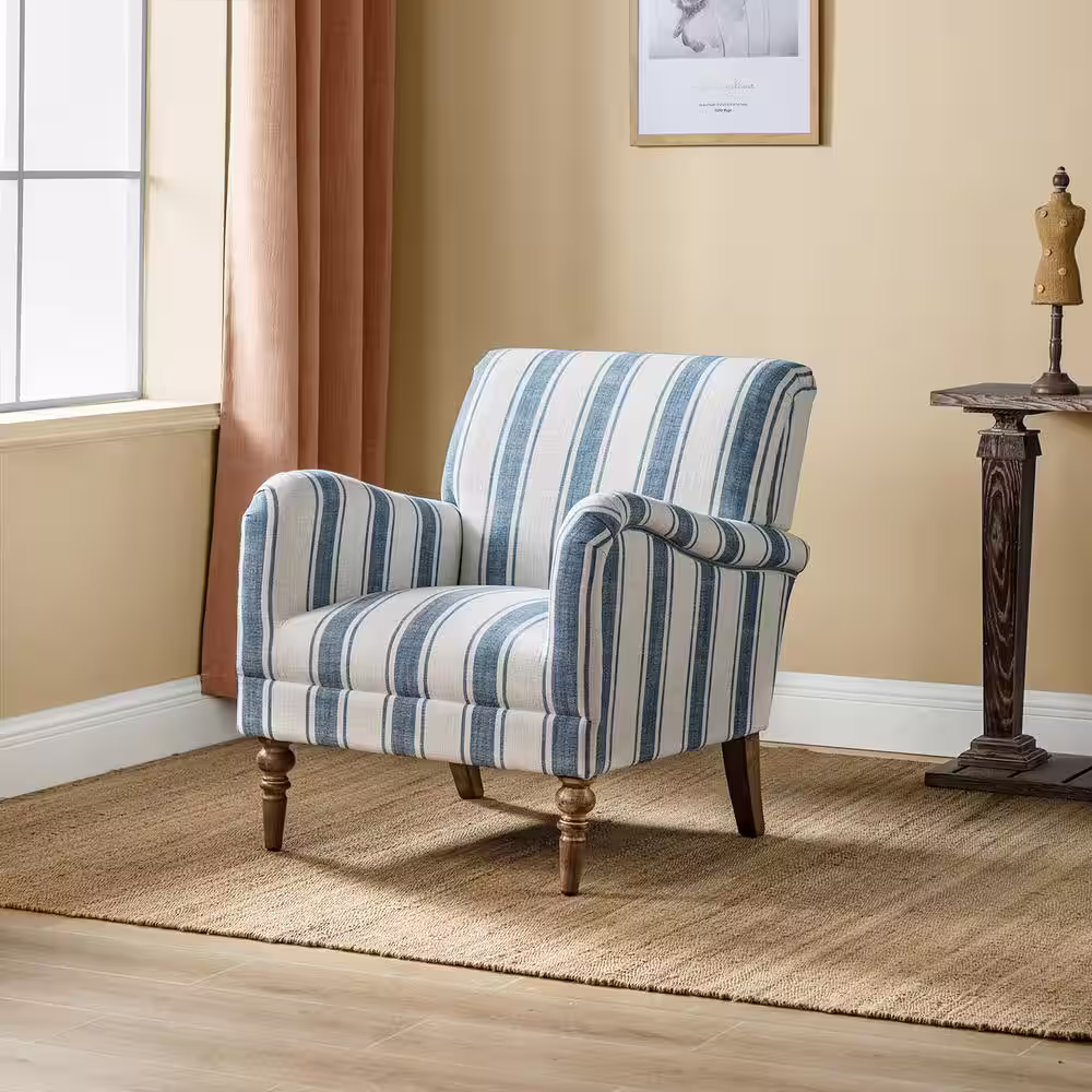 JAYDEN CREATION Hallstatt Navy Classic Wooden Upholstery Accent Arm Chair with Wood Base