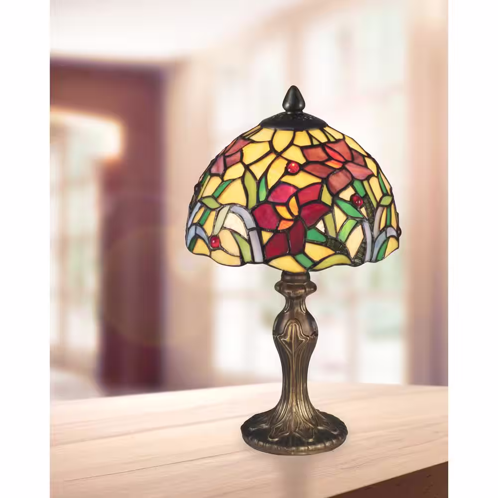 None 14 in. Antique Brass Accent Lamp with Hand Rolled Art Glass