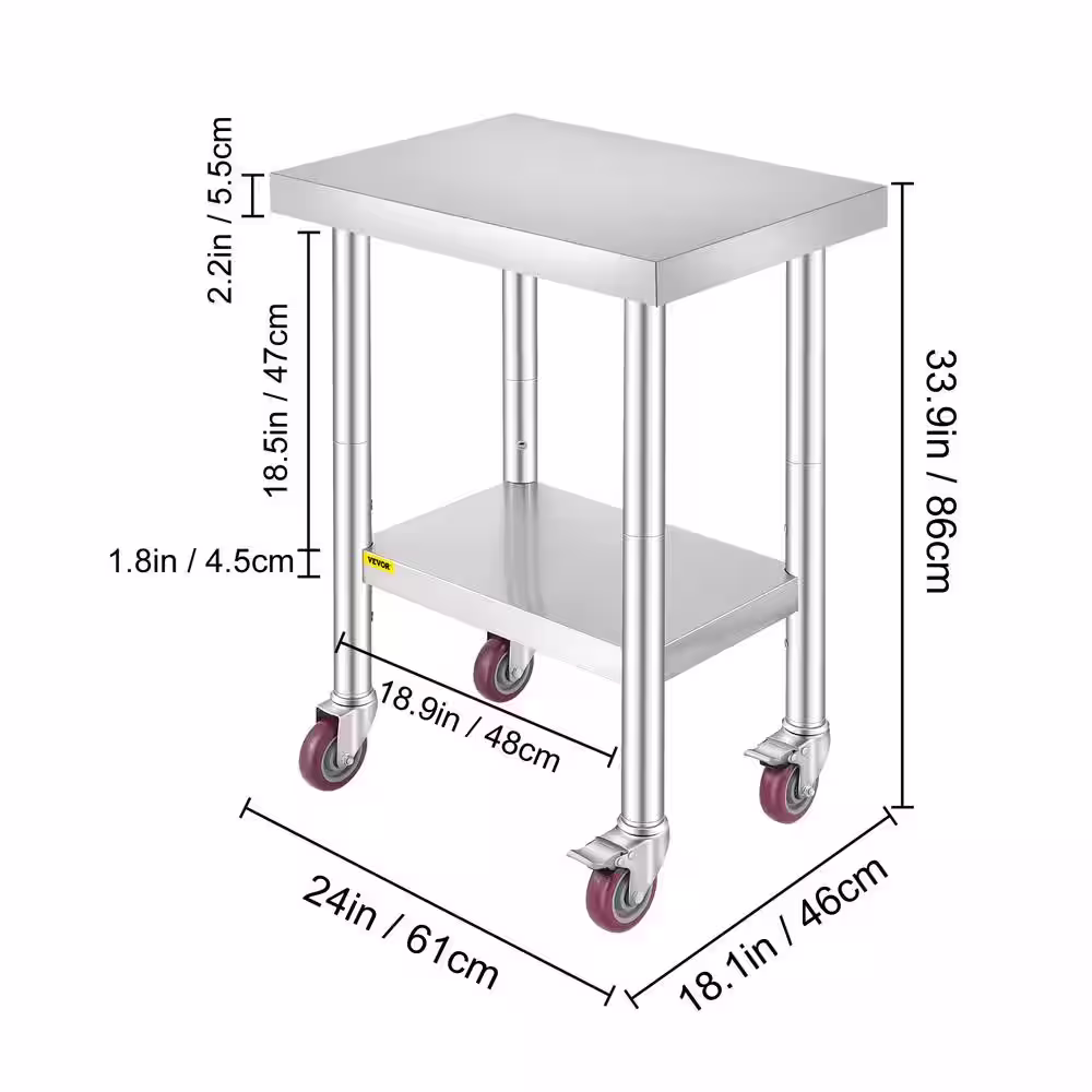 VEVOR Kitchen Prep Table 24 x 18.1 x 33.9 in. Stainless Steel Rolling Table with Wheels and Brake Kitchen Utility Table,Silver