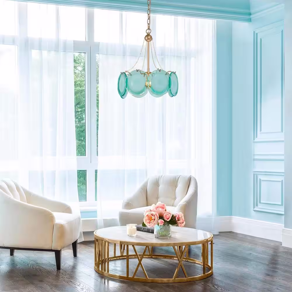 Uolfin Modern Farmhouse Drum Island Chandelier Light, 3-Light Blue amd Gold Coastal Luxury Chandelier Pendant Light