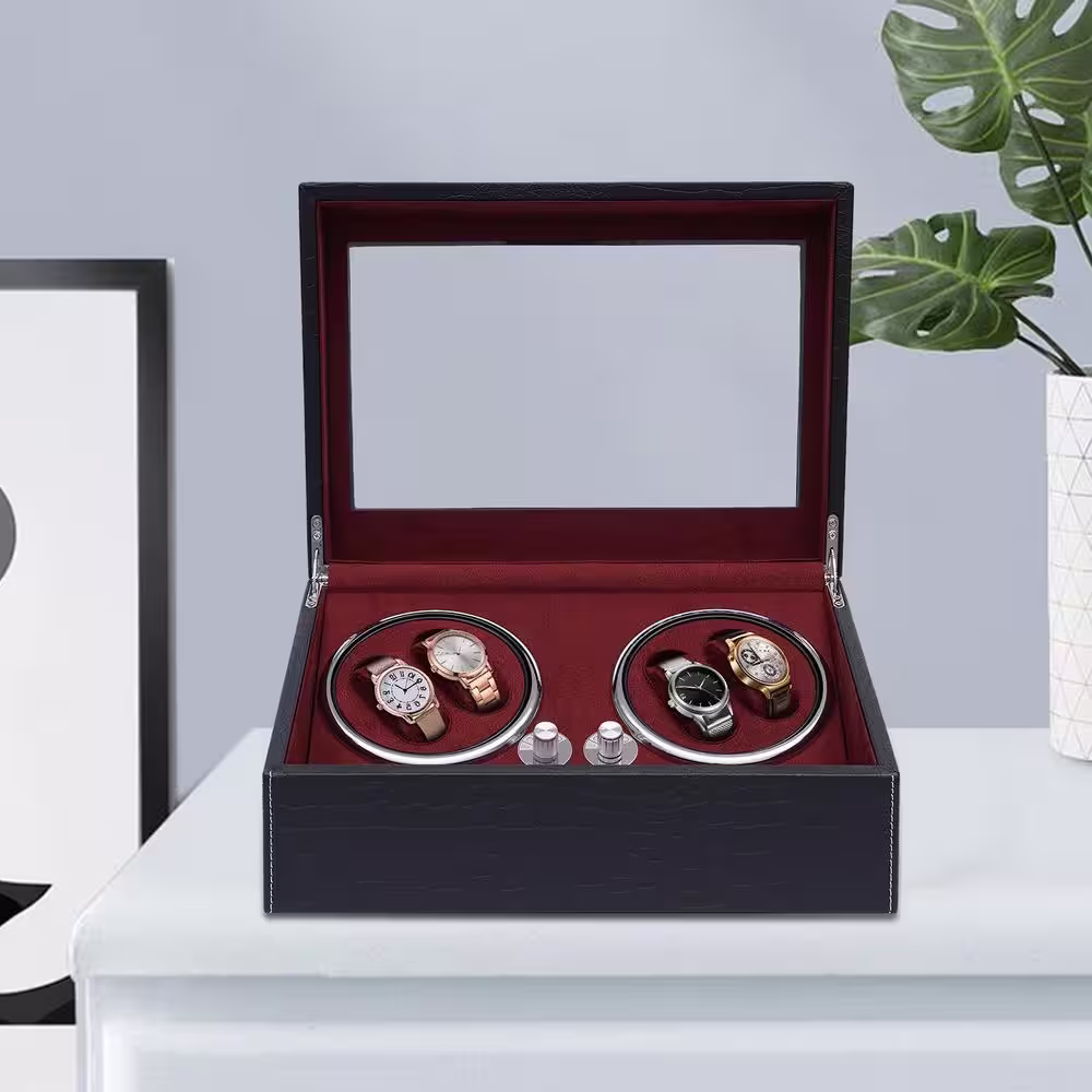 None Black PU Automatic Watch Winder with Extra 6 Watch Storages LED Illumination Silent Motor