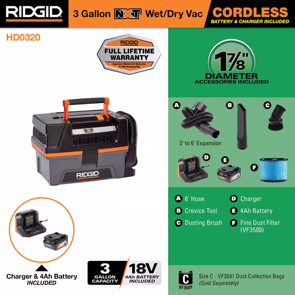 RIDGID 3 Gallon 18-Volt Cordless Handheld NXT Wet/Dry Vacuum with Battery, Charger, Fine Dust Filter, Hose and Accessories