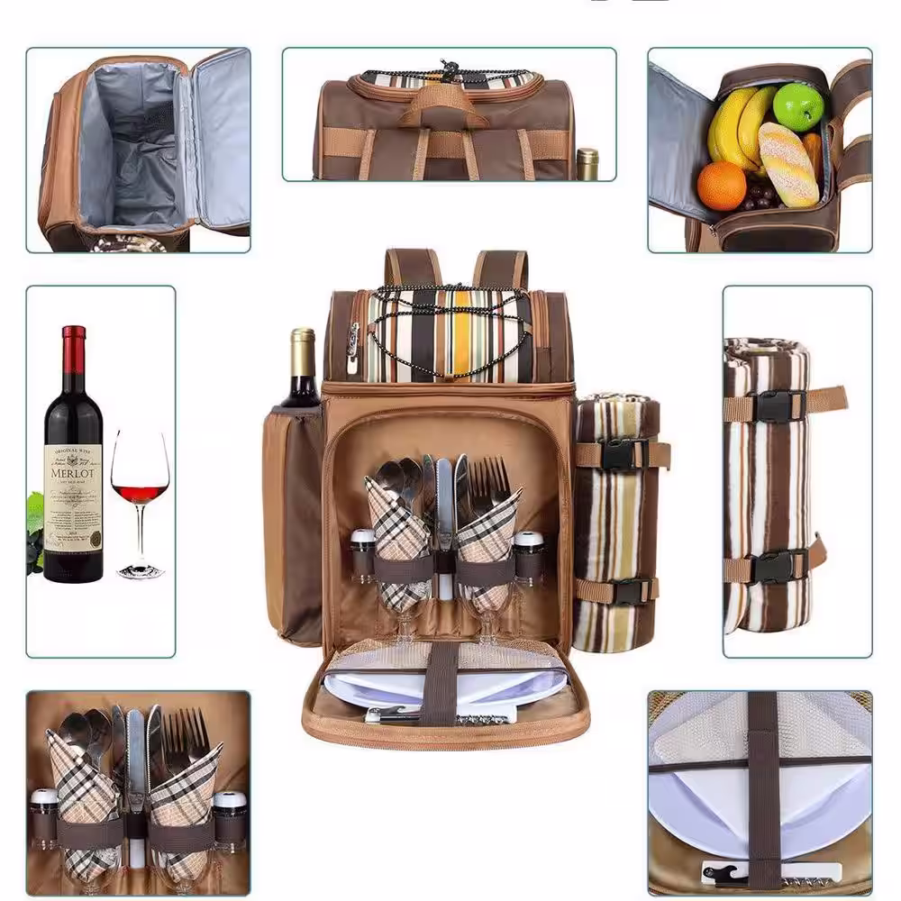 None 12 in. Blasting Brown Picnic Backpack-2 Insulation Cooler, Wine Rack, Wool Blanket