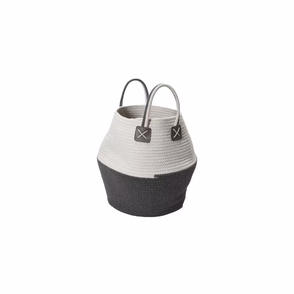 HOUSEHOLD ESSENTIALS White and Gray Woven Cotton Rope Decorative Storage Basket