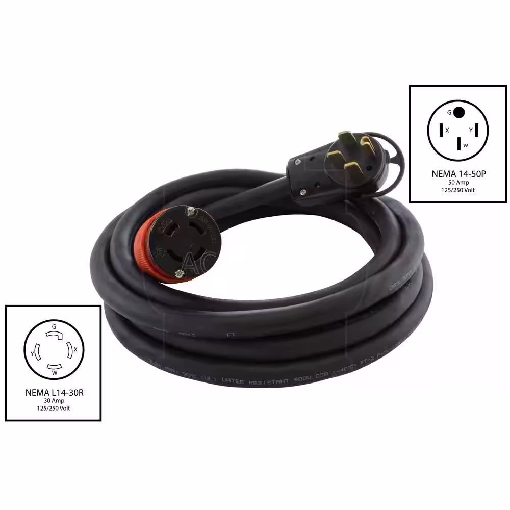 AC WORKS 10 ft. 14-50P 50A Plug to L14-30R 4-Prong 30A Generator Locking Connector