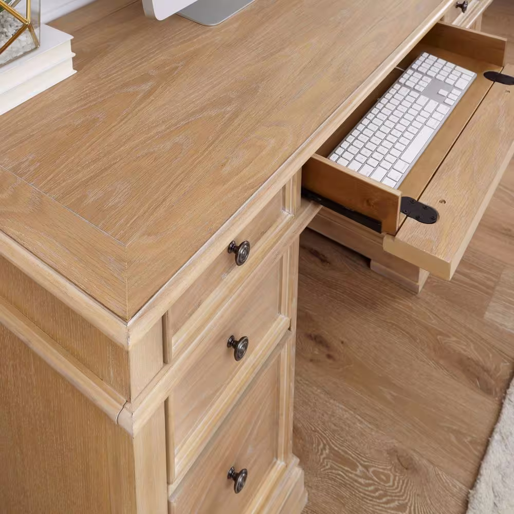HOMESTYLES Manor House 56 in. Natural Wood 7-Drawer Pedestal Executive Desk