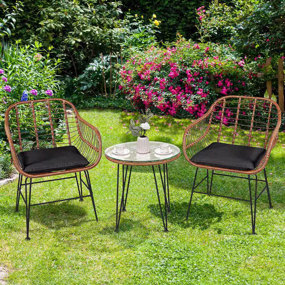 Costway 3-Piece Wicker Patio Rattan Bistro Set Coffee Table Armchair Garden Black Cushion