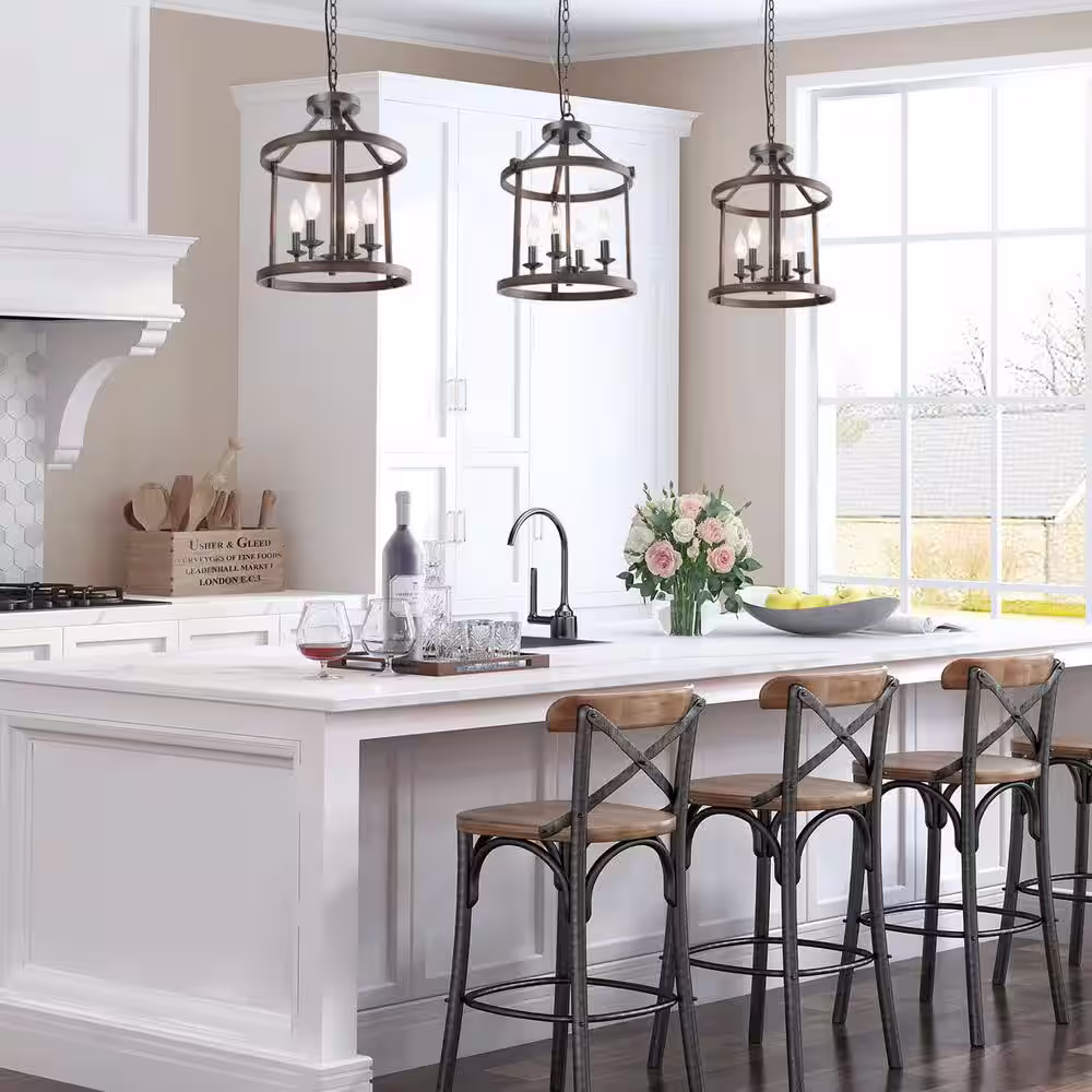 LNC Farmhouse Dark Bronze Chandelier with Faux Wood Accents, 4-Light Island Lantern Pendant Light for Kitchen Foyer Entryway