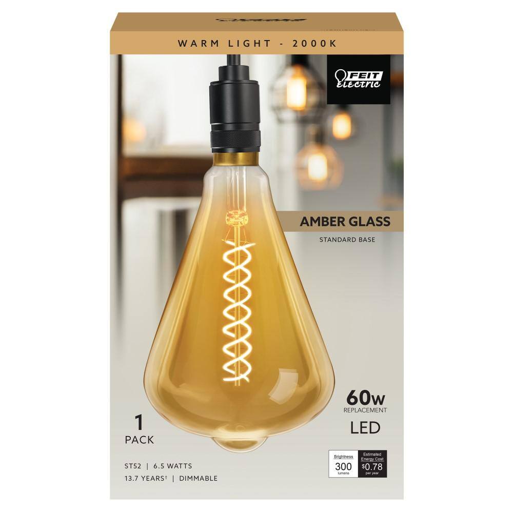 Feit Electric 60-Watt Equivalent ST52 Dimmable Spiral Filament Oversized Amber E26 Vintage Edison LED Light Bulb Warm White (3-Pack)
