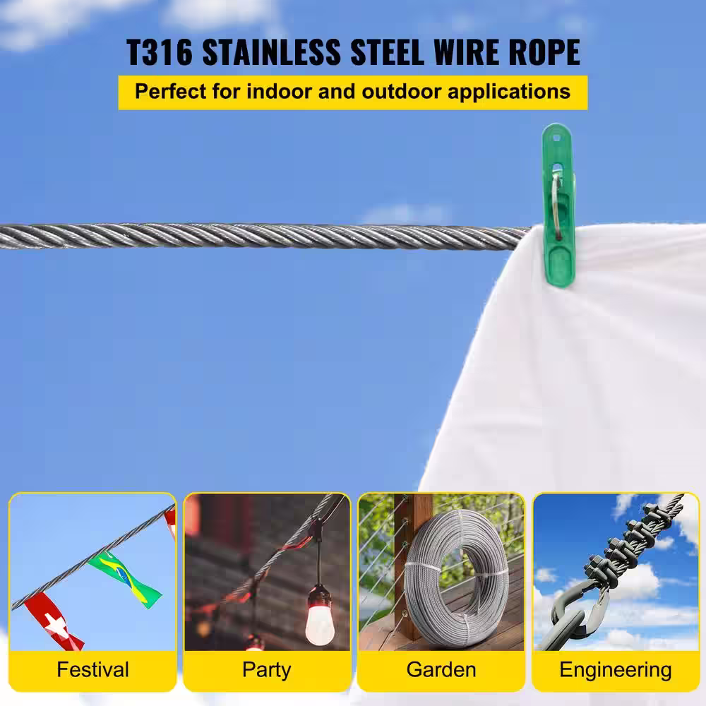 VEVOR 500 ft. x 1/8 in. Cable Railing Kit 1320 lbs. Loading T316 Stainless Steel Wire Rope with 1x19 Strands for Deck Stair