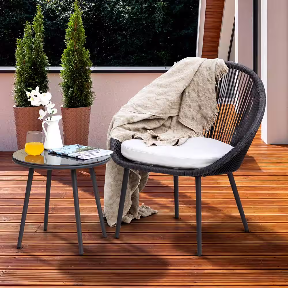 Nuu Garden Dark Gray 3-Piece Metal Outdoor Patio Bistro Set with Light Gray Cushions