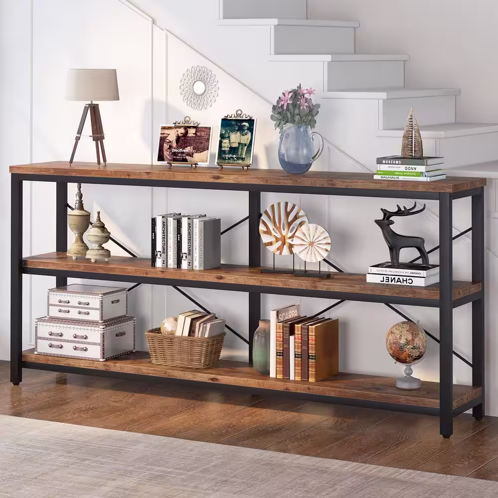TRIBESIGNS WAY TO ORIGIN Eileen 70.9 in. Rectangle Black Metal Rustic Brown Particle Board Wood Top Sofa Table with 3 Open Storage Shelves