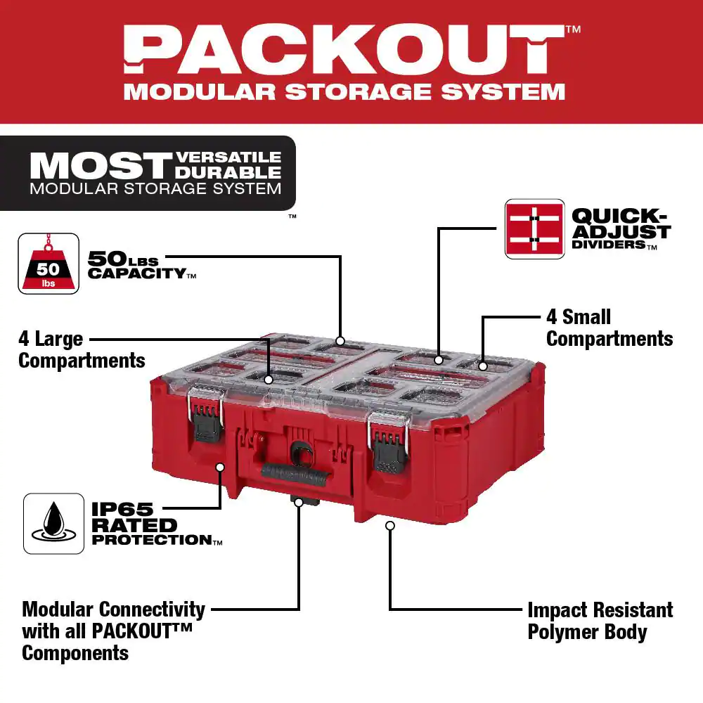 Milwaukee PACKOUT 20 in. Deep Organizer with 6 Compartments and Quick Adjust Dividers
