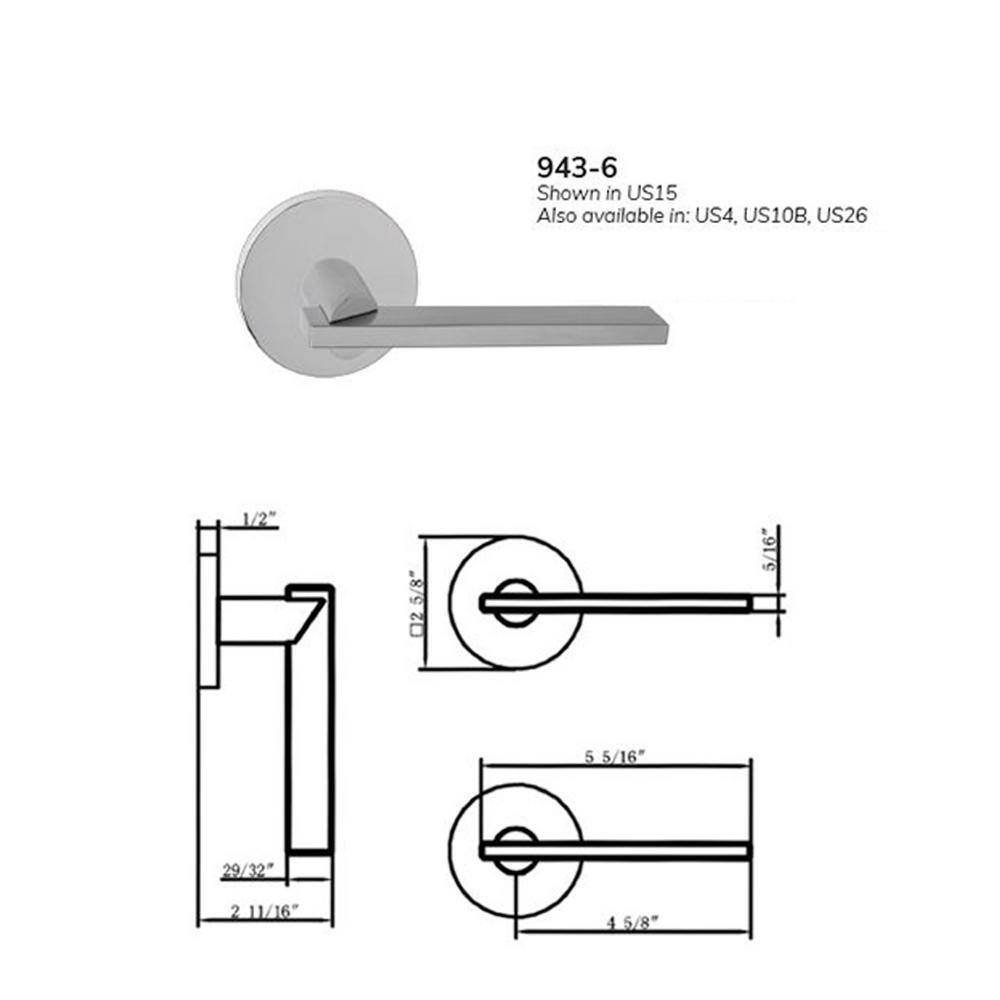 None Bravura Raleigh 943-6 Privacy (Bed/Bath) Door Lever Lever Satin Nickel w/ round trim