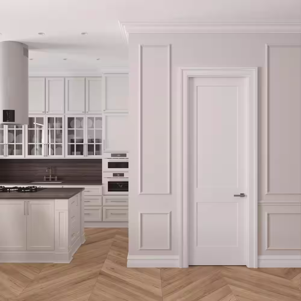 None 28 in. x 96 in. Left-Handed Solid Core Primed White Composite Single Prehung Interior Door Satin Nickel Hinges