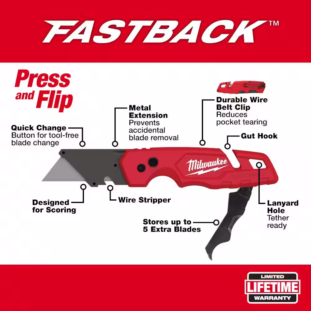 Milwaukee FASTBACK 1.25 in. Utility Folding Knife with 75-Pack General Purpose Utility Blade Set (2-Pack)
