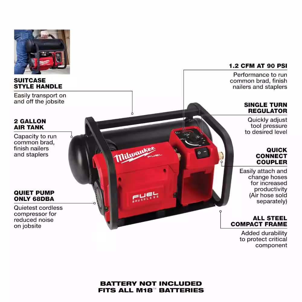 Milwaukee M18 FUEL 18-Volt Brushless Cordless 2 Gal. Electric Compact Quiet Air Compressor with 18-Gauge Narrow Crown Stapler