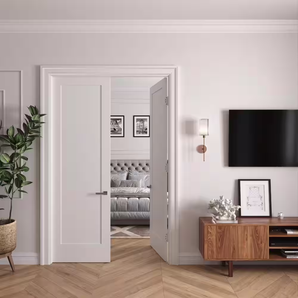 RESO 36 In. x 96 In.Bi-Parting Solid Core Primed White Composite Double Pre-hung French Door Catch Ball Black Hinges