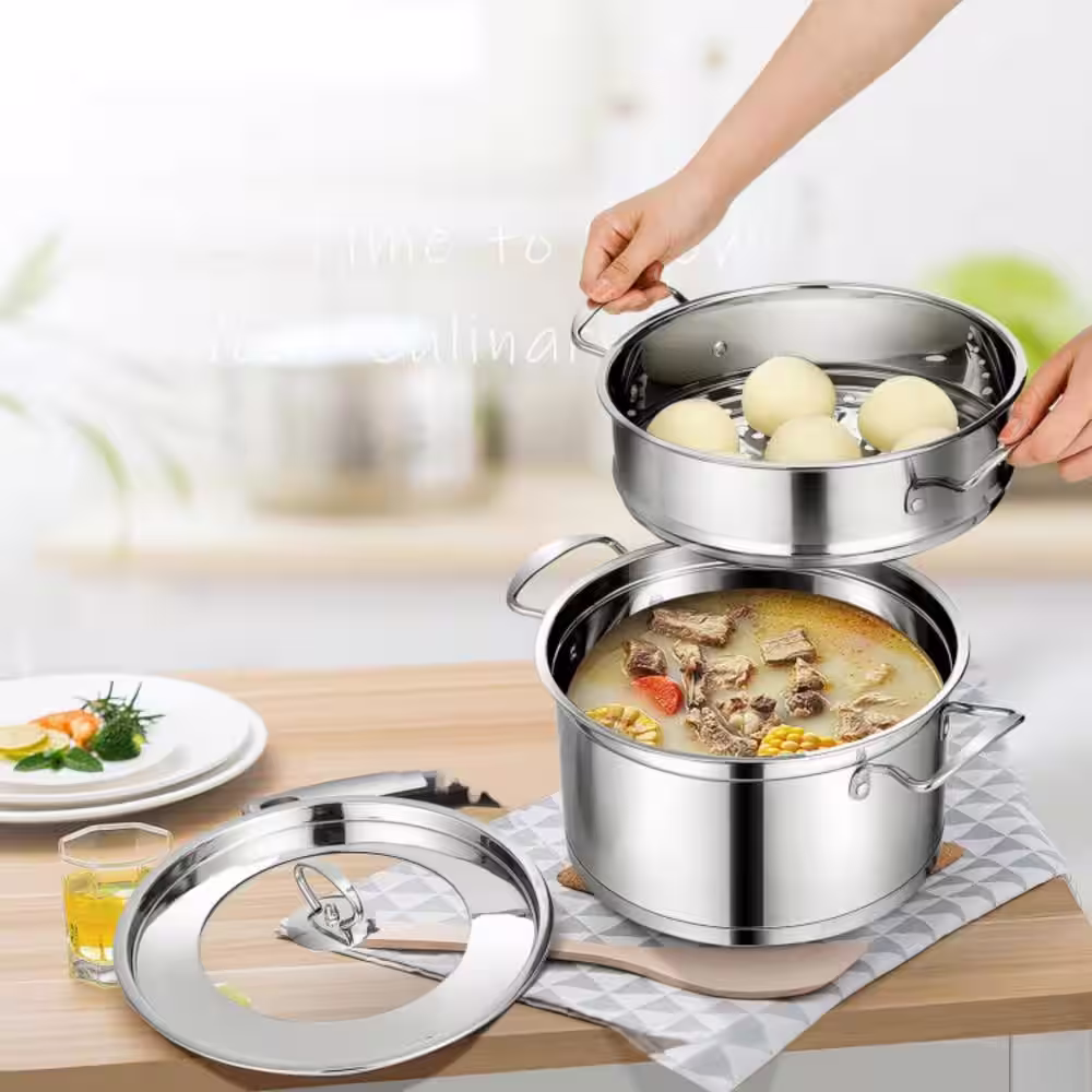 Bunpeony 2-Tier 5.2 qt. Premium Stainless Steel Pot with 2.3 qt. Steamer Insert and Lid