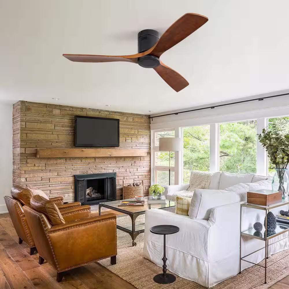 Sofucor 52 in. Indoor/Outdoor Flush Mount Ceiling Fan 3 Carved Wood Fan Blades Smart Matte Black Ceiling Fan with 6-Speed Remote